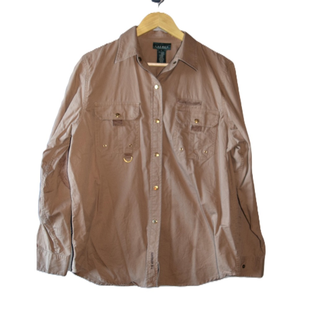 Lauren Ralph Lauren Safari Shirt Womens Large Tan Excellent Elbow Patch Utility